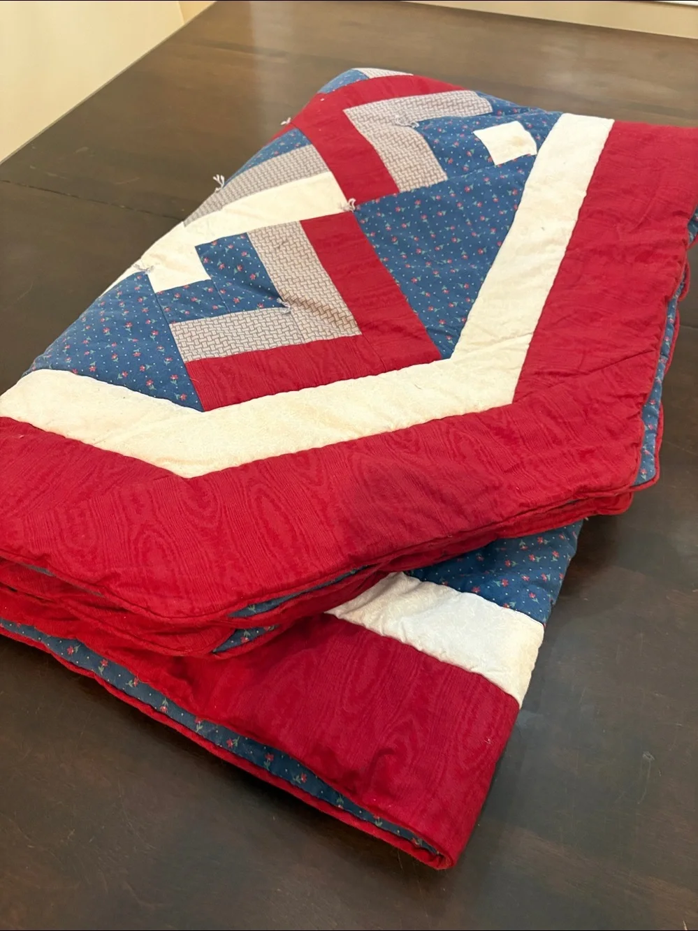 Hand Crafted Red, Blue & Cream Geometric Patchwork Quilt